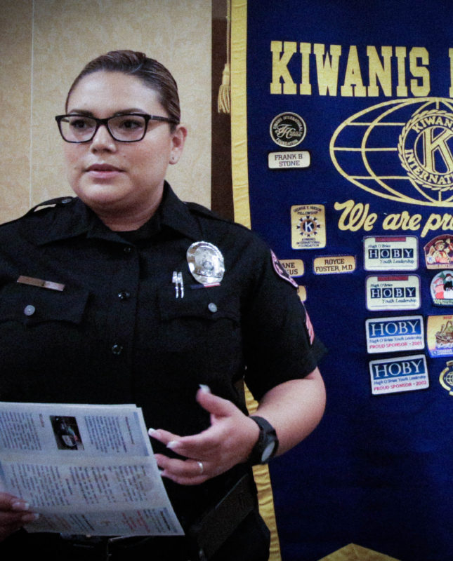 2018-09-27 Sergeant Rebecca Gomez telling us about volunteering with the San Gabriel police Dept.